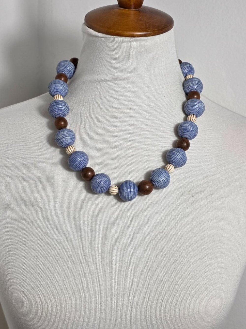 Chunky Bead Statement Necklace Blue Round Swirl Beads Brown Wood Spacers